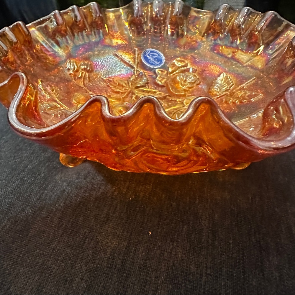 Imperial Glass Lustre Rose Iridescent Marigold Carnival Footed Bowl 8" Signed - Picture 4 of 4